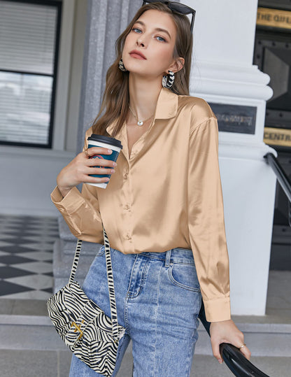styled on a model Satin Silk Blouse – Button Down, Long Sleeve, Loose Fit, Office Casual (Chigant)