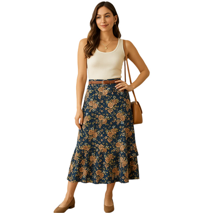 Women's Floral Midi Skirt – Tiered Ruffle – Size 14 (Lizsport)  ai generated model wearing the skirt