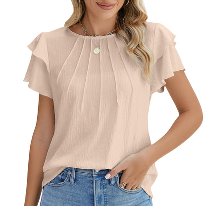 Women's Short Sleeve Ruffle Blouse – Dressy & Business Casual (Blooming Jelly) front view on model