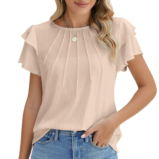 Women's Short Sleeve Ruffle Blouse – Dressy & Business Casual (Blooming Jelly) front view on model