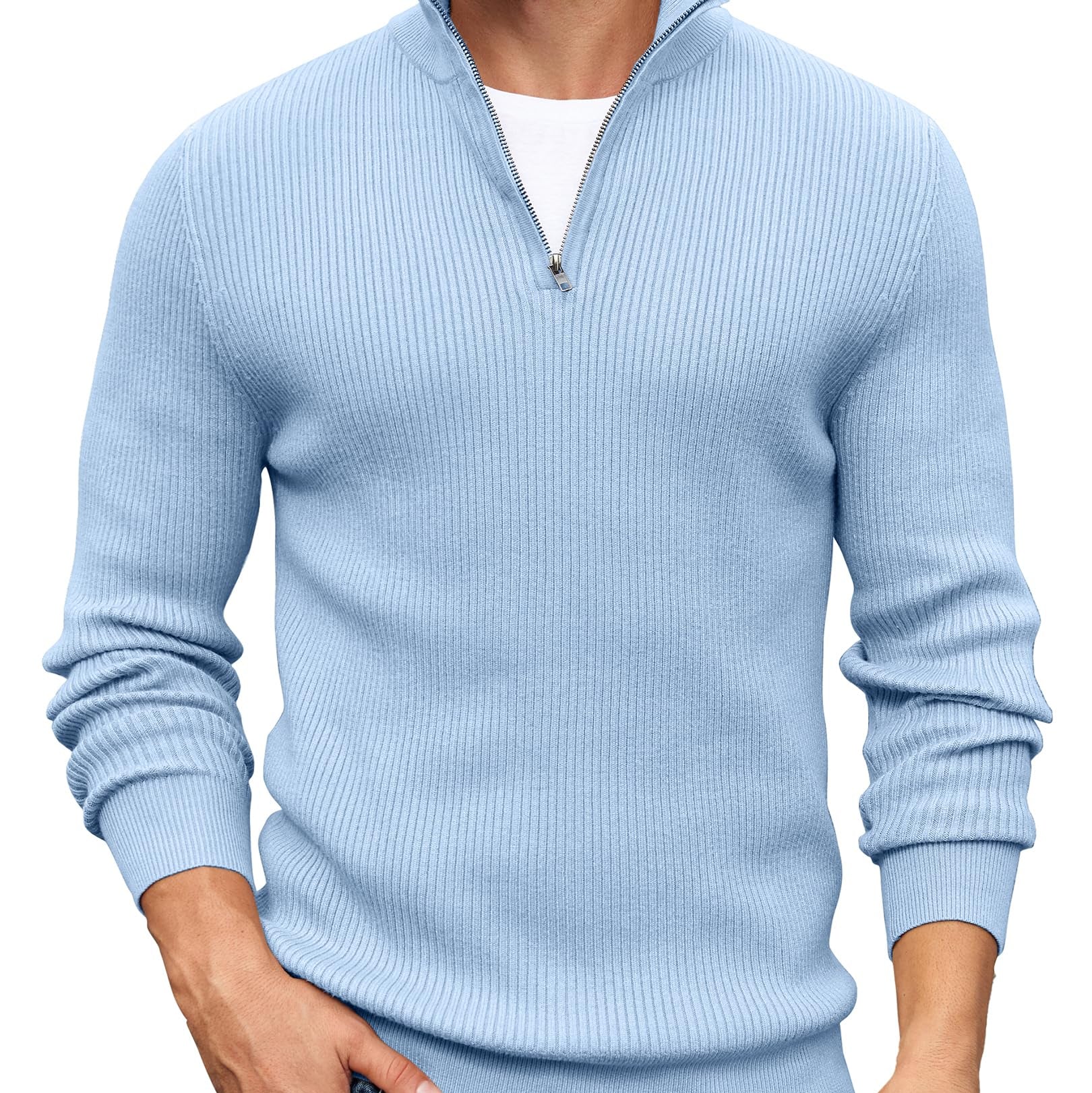 Men’s Light Blue Quarter-Zip Sweater – Slim Fit – Mock Neck Pullover (COOFANDY)