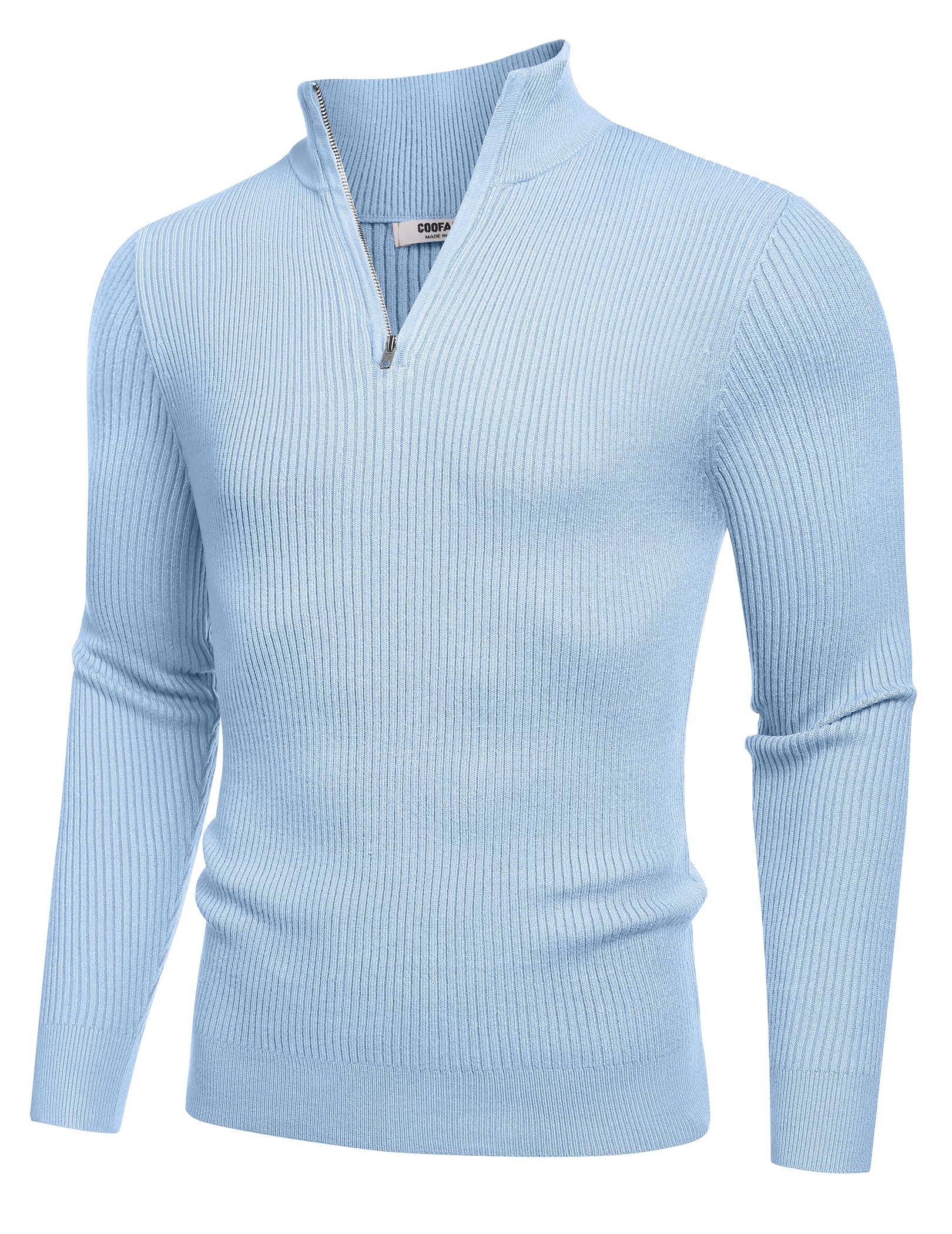 Men’s Light Blue Quarter-Zip Sweater – Slim Fit – Mock Neck Pullover (COOFANDY)