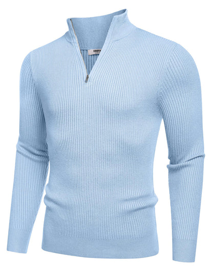 Men’s Light Blue Quarter-Zip Sweater – Slim Fit – Mock Neck Pullover (COOFANDY)
