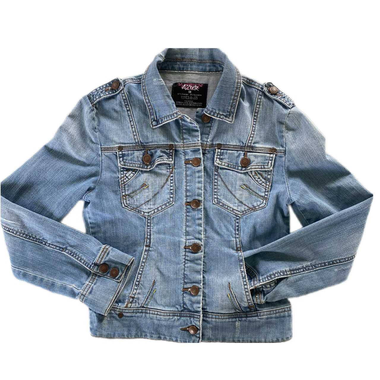 Women's Light Wash Denim Jacket – Fitted & Stretchy – Size Medium (Azur) front view