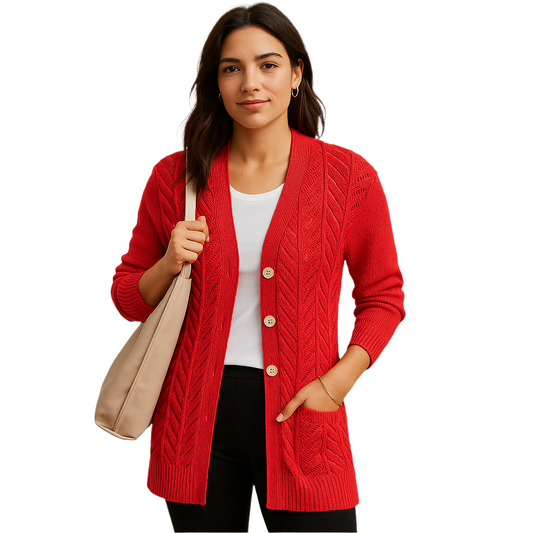 Fuchsia Open-Knit Cardigan – Button-Front – Lightweight Cotton – Size S (JP Evolution)
