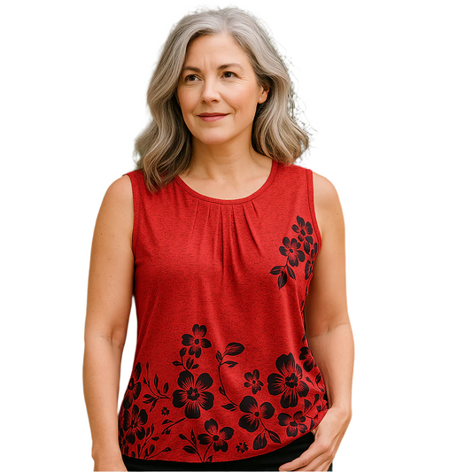Floral Print Sleeveless Tunic Top – Red & Black – Plus Size 1X (Lily) on an ai model
