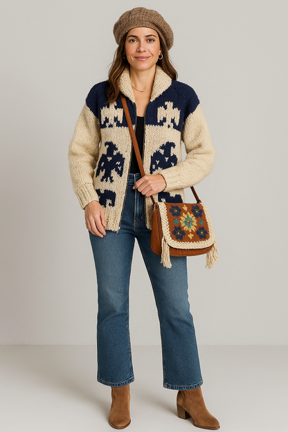 Handmade Cowichan-Style Wool Sweater – Zip-Up – Eagle Motif – Size Medium