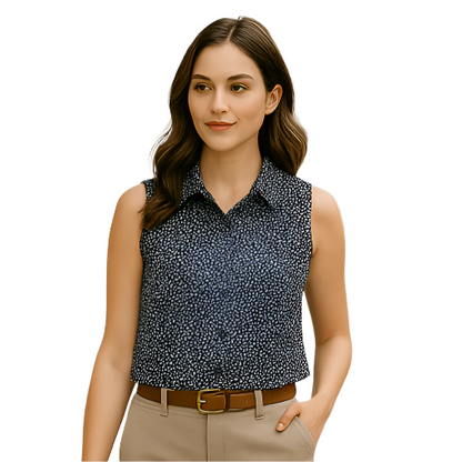 Navy Sleeveless Blouse – Micro Floral Print – Lightweight & Sustainable – Size M (Cleo) on ai model