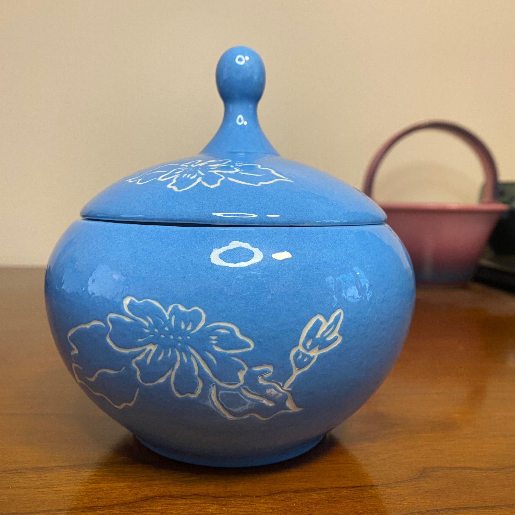 Lidded Decorative Ginger Jar Blue With White Flowers 5"H x 5"W