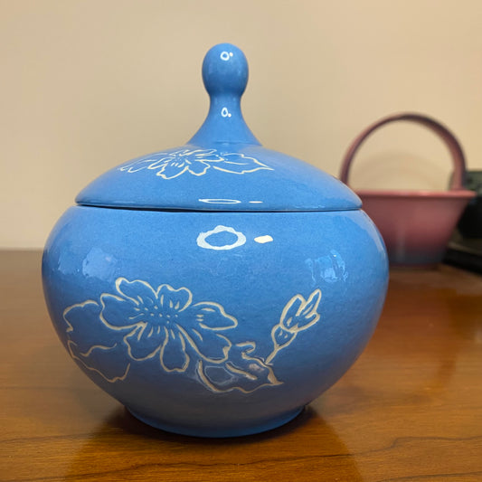 Lidded Decorative Ginger Jar Blue With White Flowers 5"H x 5"W