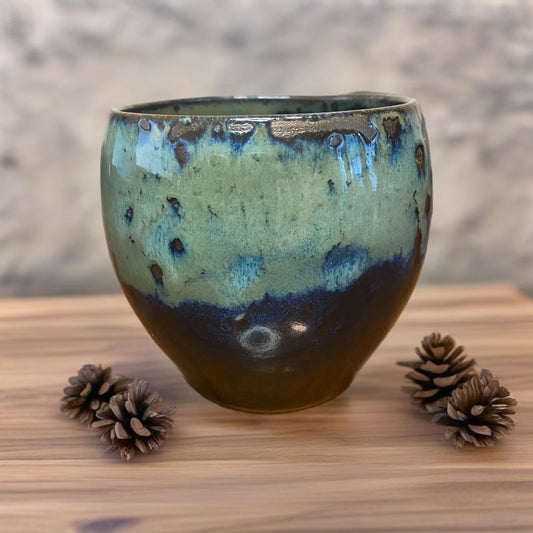 Handmade Pottery Teacup Blue Green Print 3"H x 3"W