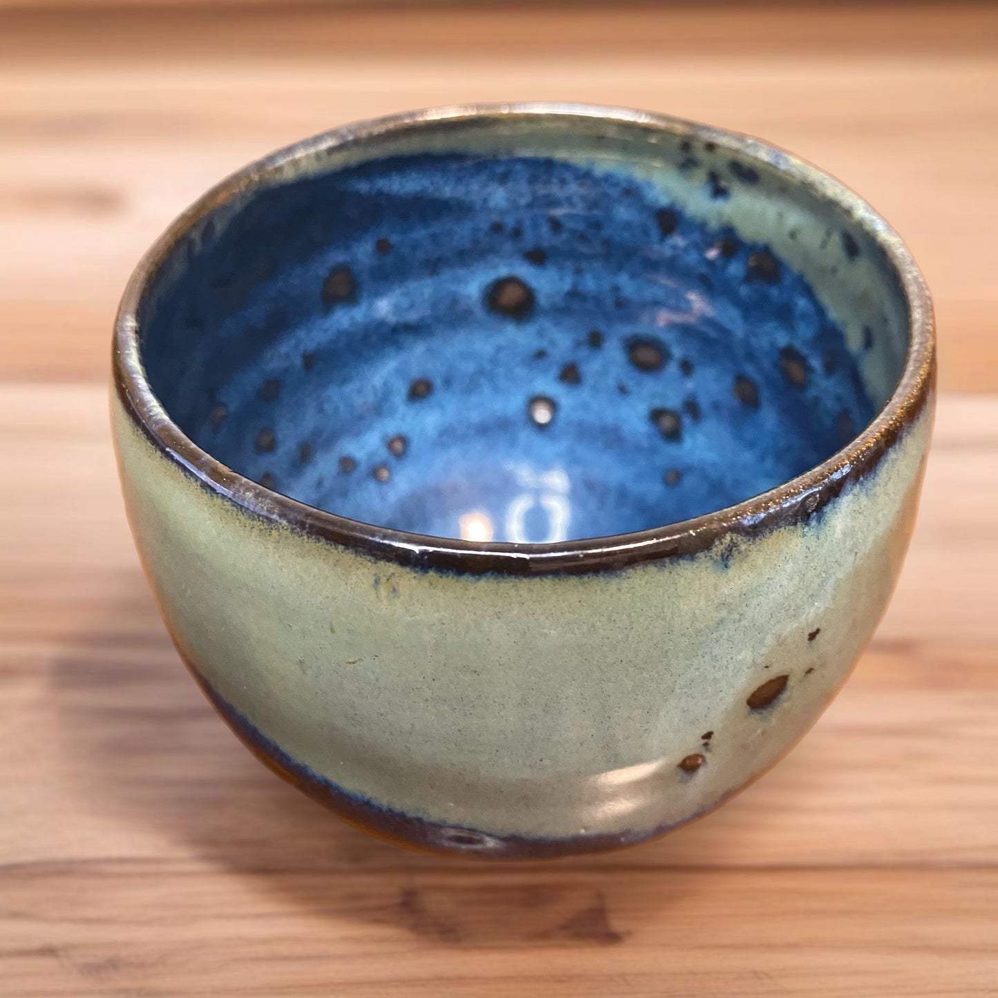 Handmade Pottery Teacup Blue Green Print 3"H x 3"W