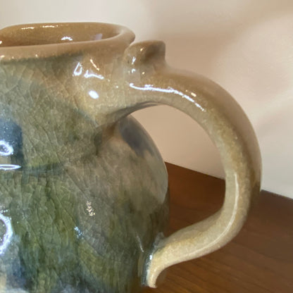 Vintage Handmade Pottery Jug Water Pitcher Blue Green Tan 6"W x 8"H