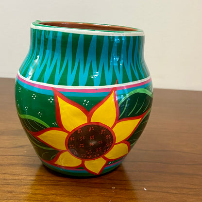 Hand Painted Mexican Vase Green Sunflower 3"W x 4.5"W