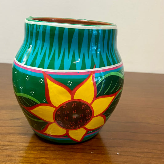 Hand Painted Mexican Vase Green Sunflower 3"W x 4.5"W