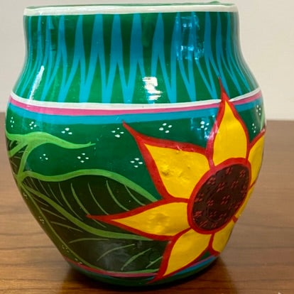 Hand Painted Mexican Vase Green Sunflower 3"W x 4.5"W