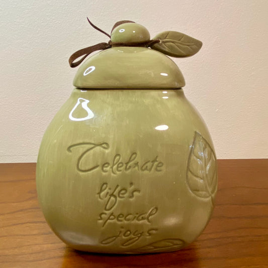 Carlton "Celebrate Life's Special Joys" Jar with Lid Green Leaf Print 7"H