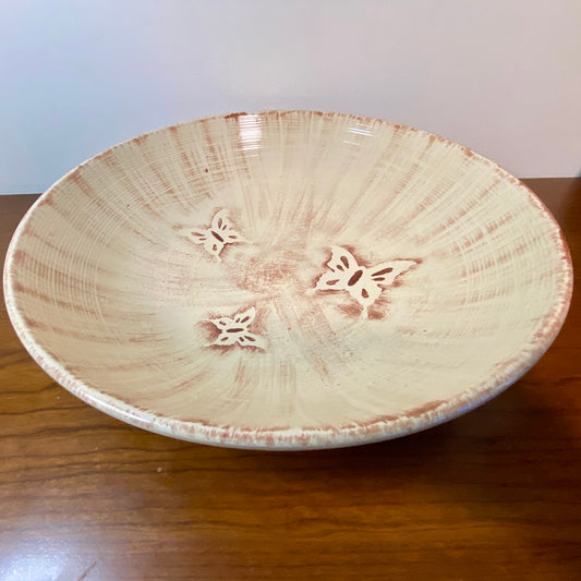 Pottery Butterfly Art Deco Fruit Bowl Tan 14"W x 3"H