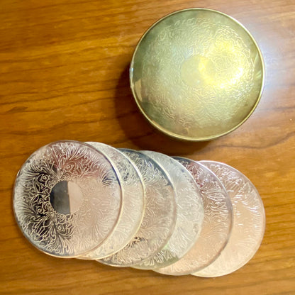 Silver Plated Coaster Set with Container With Patina 7 pieces