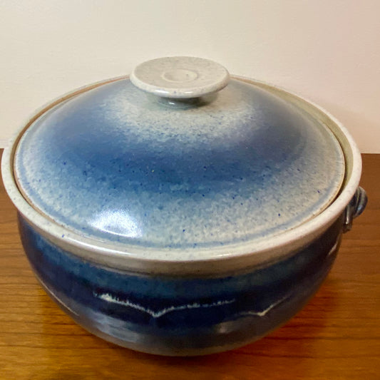 Pottery Crock Bowl Casserole With Lid Blue Sky Birds Print 9.25"W x 4"H