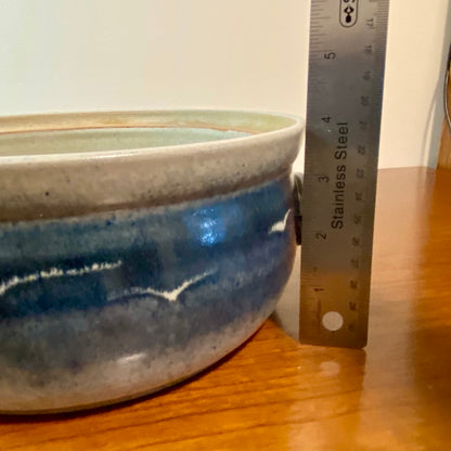Pottery Crock Bowl Casserole With Lid Blue Sky Birds Print 9.25"W x 4"H