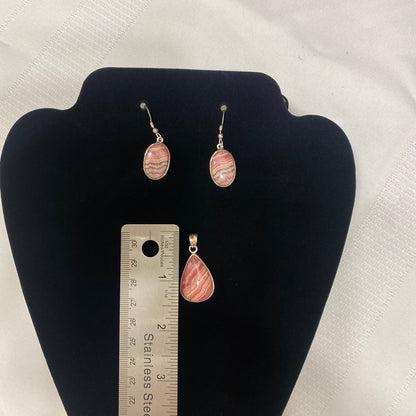 Sterling Silver 925 Rhodochrosite Earrings, Pendant and Ring Set Silver Pink