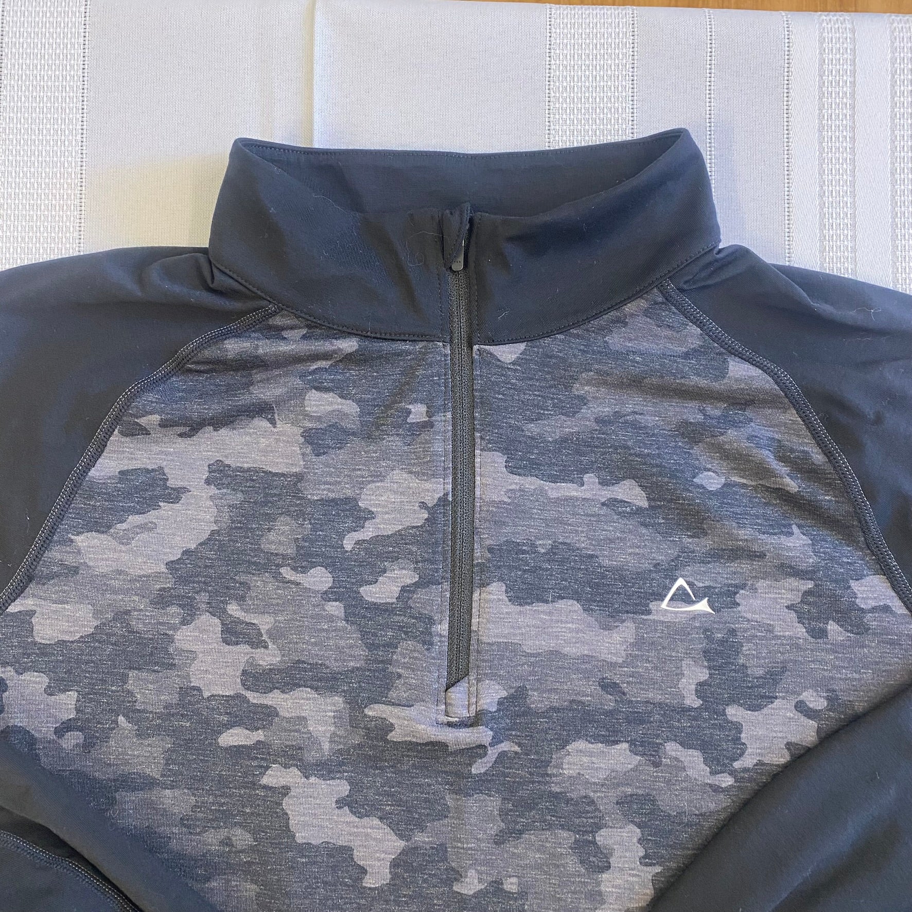 Paradox Women's Black Camouflage Quarter-Zip Pullover – Long Sleeve Activewear, Size Medium showing detailed view of front zipper and print