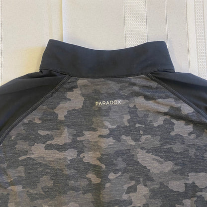 Paradox Women's Black Camouflage Quarter-Zip Pullover – Long Sleeve Activewear, Size Medium showing back view of brand emblem