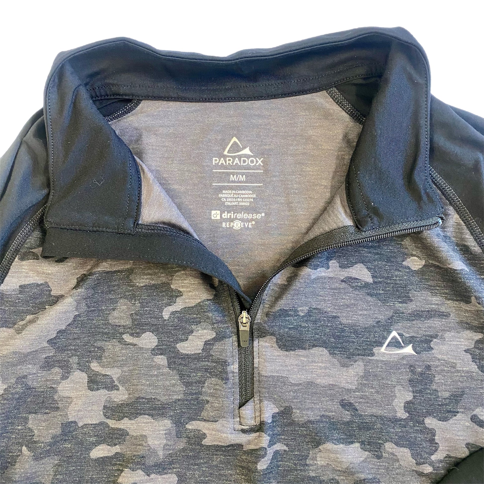 Paradox Women's Black Camouflage Quarter-Zip Pullover – Long Sleeve Activewear, Size Medium showing clothing label