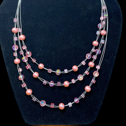 Women's Tri-Strand Pink Bead Fashion Necklace