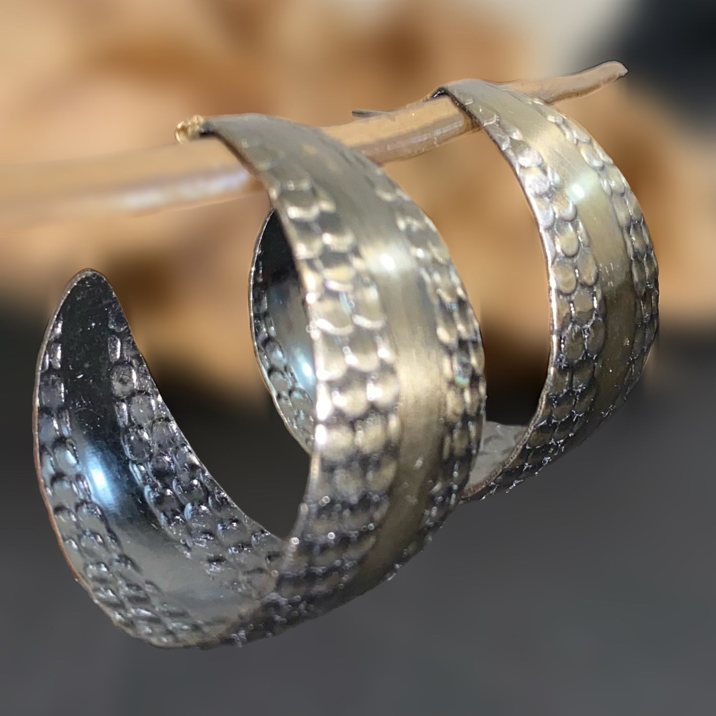 Women's Fashion Earring Hammered Silver/Bronze Hoop With Push Back Closure