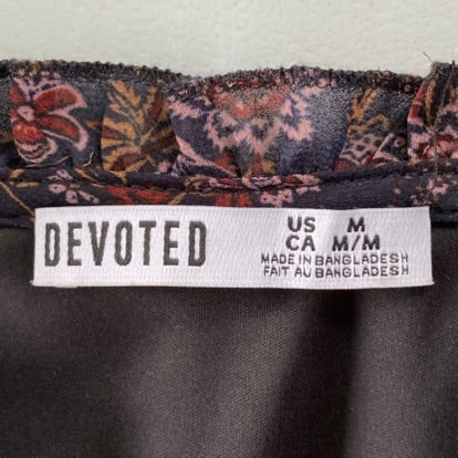 Women's Burgundy Floral Long Sleeve Dress with Ruffled Neckline & Decorative Shank Buttons, Size M [Devoted]view of garment tags