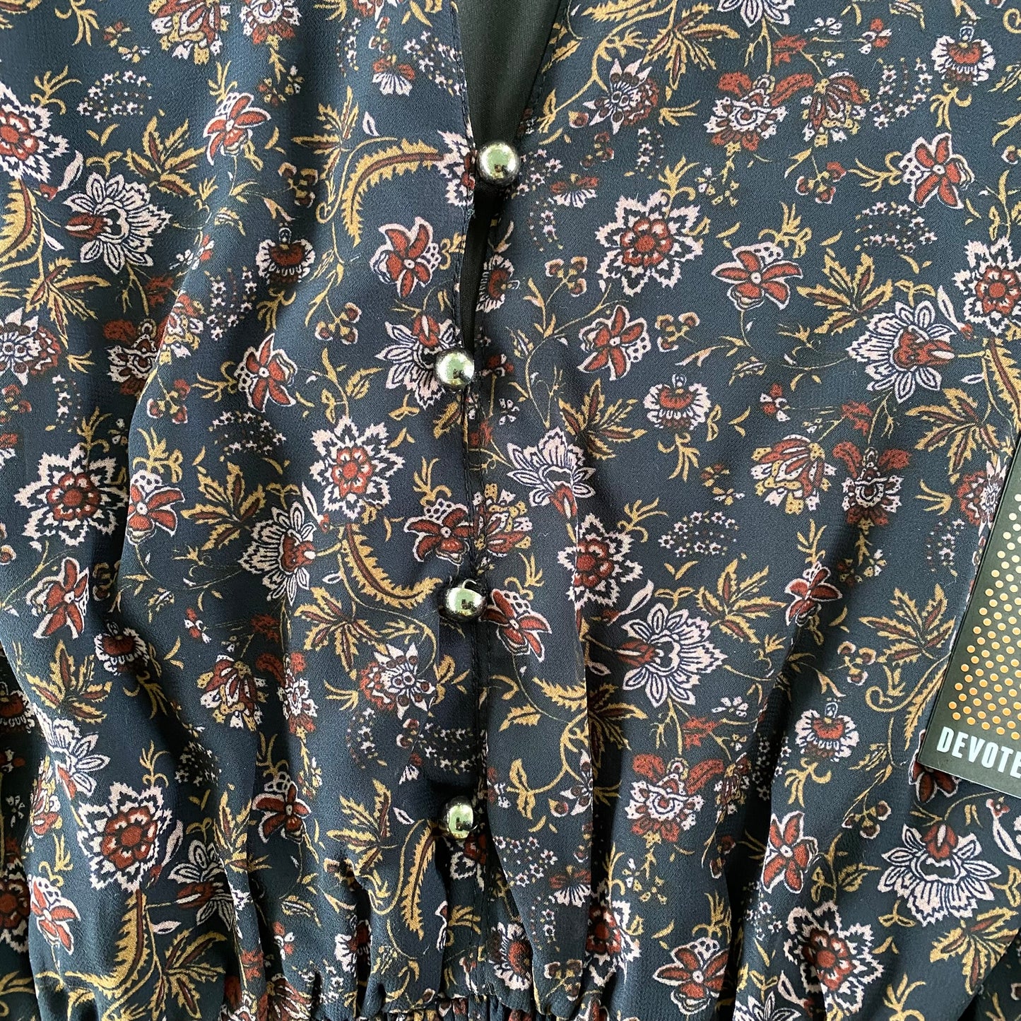 Women's Burgundy Floral Long Sleeve Dress with Ruffled Neckline & Decorative Shank Buttons, Size M [Devoted]button details