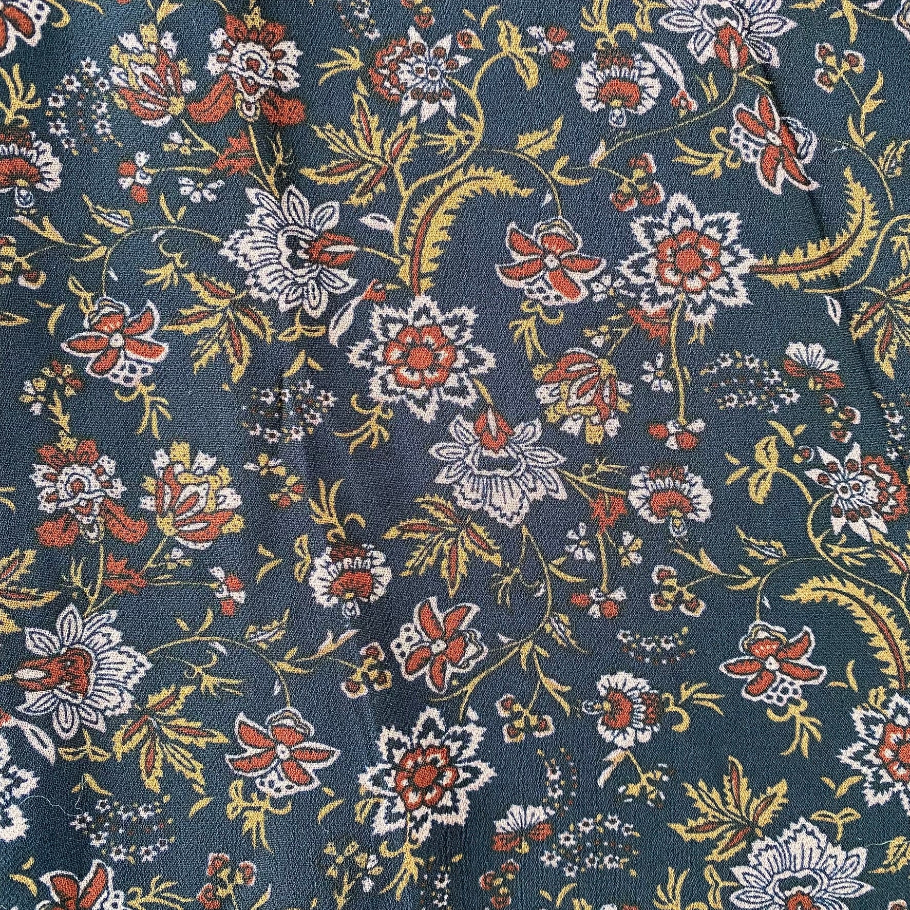 Women's Burgundy Floral Long Sleeve Dress with Ruffled Neckline & Decorative Shank Buttons, Size M [Devoted]close up of fabric print