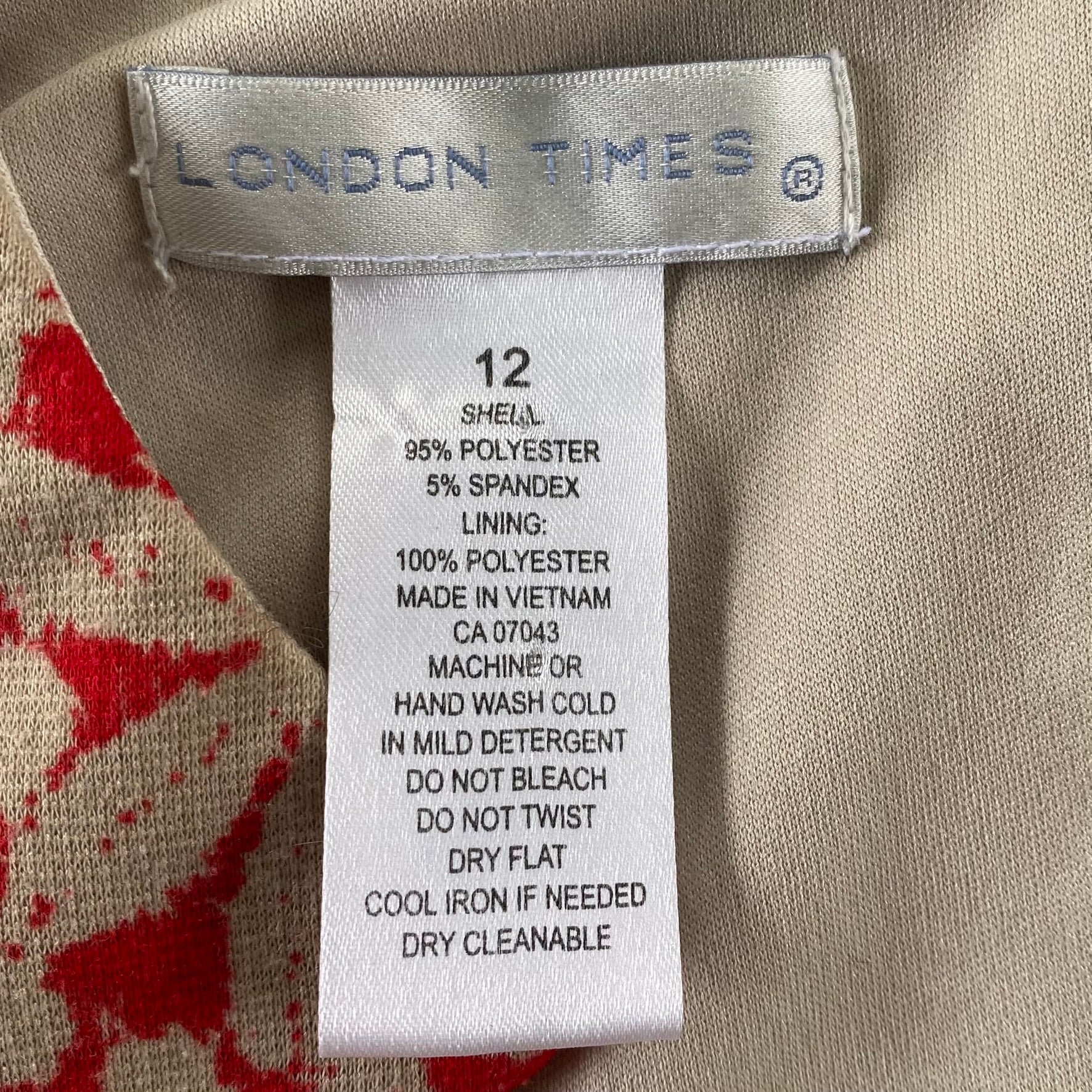 Women's Sleeveless Floral Print Sheath Dress – Elegant & Stretchy – Size 12 (London Times) garment tag