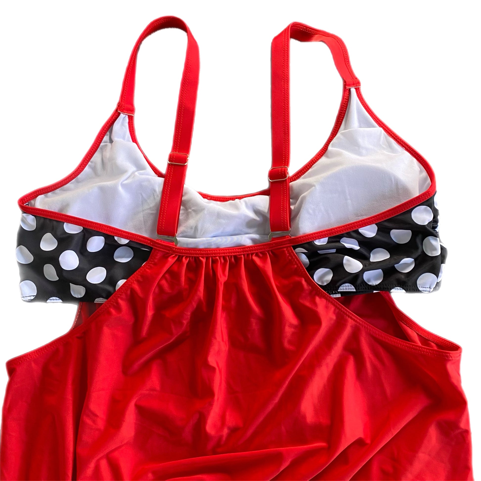 Plus Size 3XL Red and Black/White Polka Dot Mock Two-Piece Swimsuit with Shorts detail top view showing adjustable straps