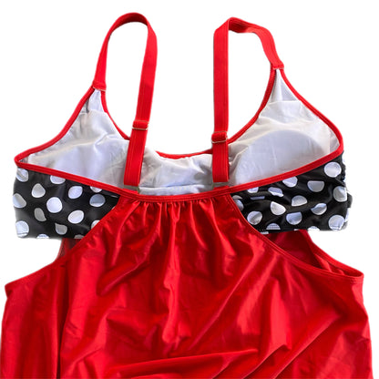 Plus Size 3XL Red and Black/White Polka Dot Mock Two-Piece Swimsuit with Shorts detail top view showing adjustable straps