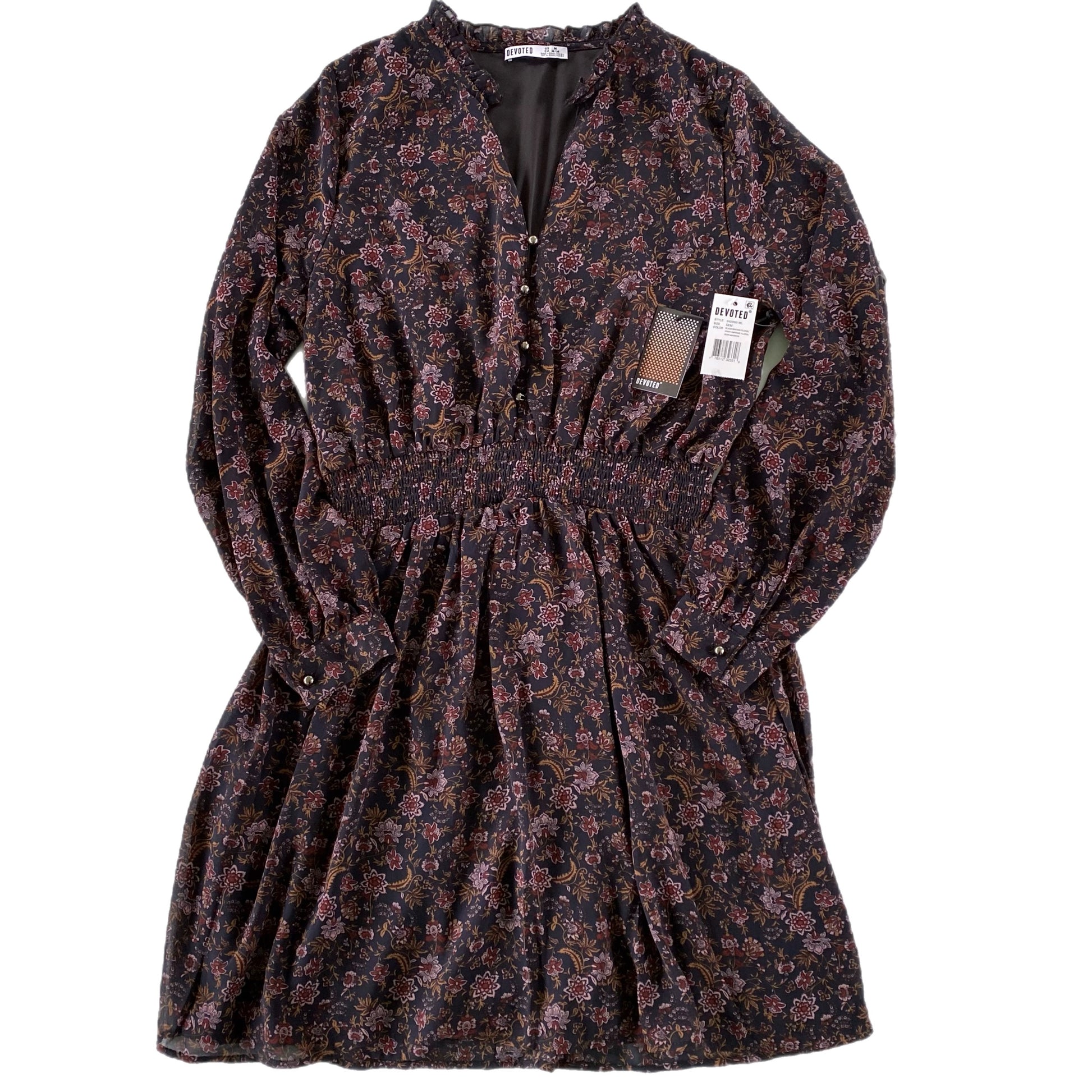 Women's Burgundy Floral Long Sleeve Dress with Ruffled Neckline & Decorative Shank Buttons, Size M [Devoted]front view