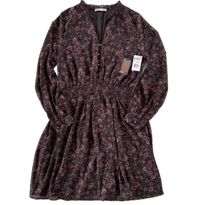 Women's Burgundy Floral Long Sleeve Dress with Ruffled Neckline & Decorative Shank Buttons, Size M [Devoted]front view