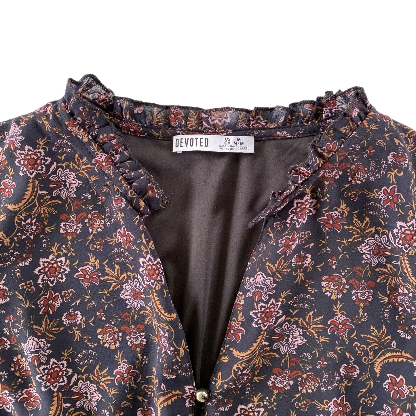 Women's Burgundy Floral Long Sleeve Dress with Ruffled Neckline & Decorative Shank Buttons, Size M [Devoted]view of ruffled neck