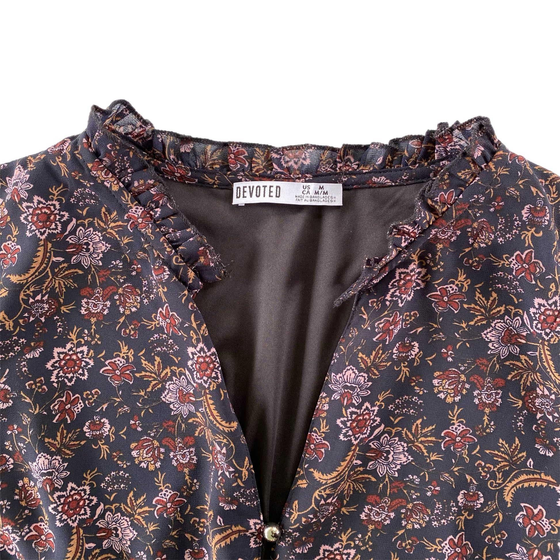 Women's Burgundy Floral Long Sleeve Dress with Ruffled Neckline & Decorative Shank Buttons, Size M [Devoted]view of ruffled neck