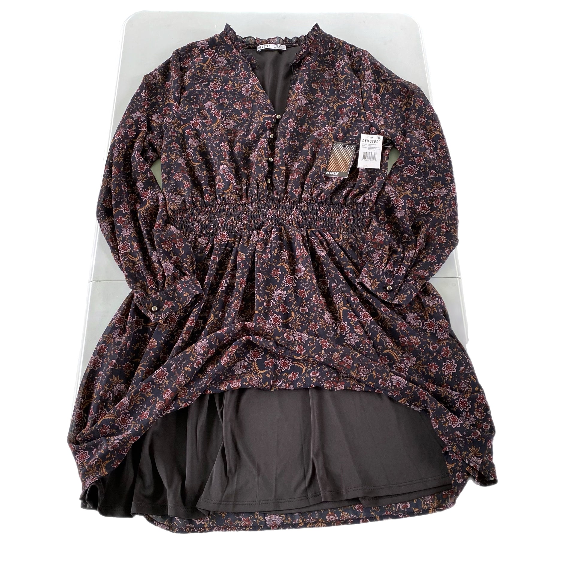 Women's Burgundy Floral Long Sleeve Dress with Ruffled Neckline & Decorative Shank Buttons, Size M [Devoted]view of lining