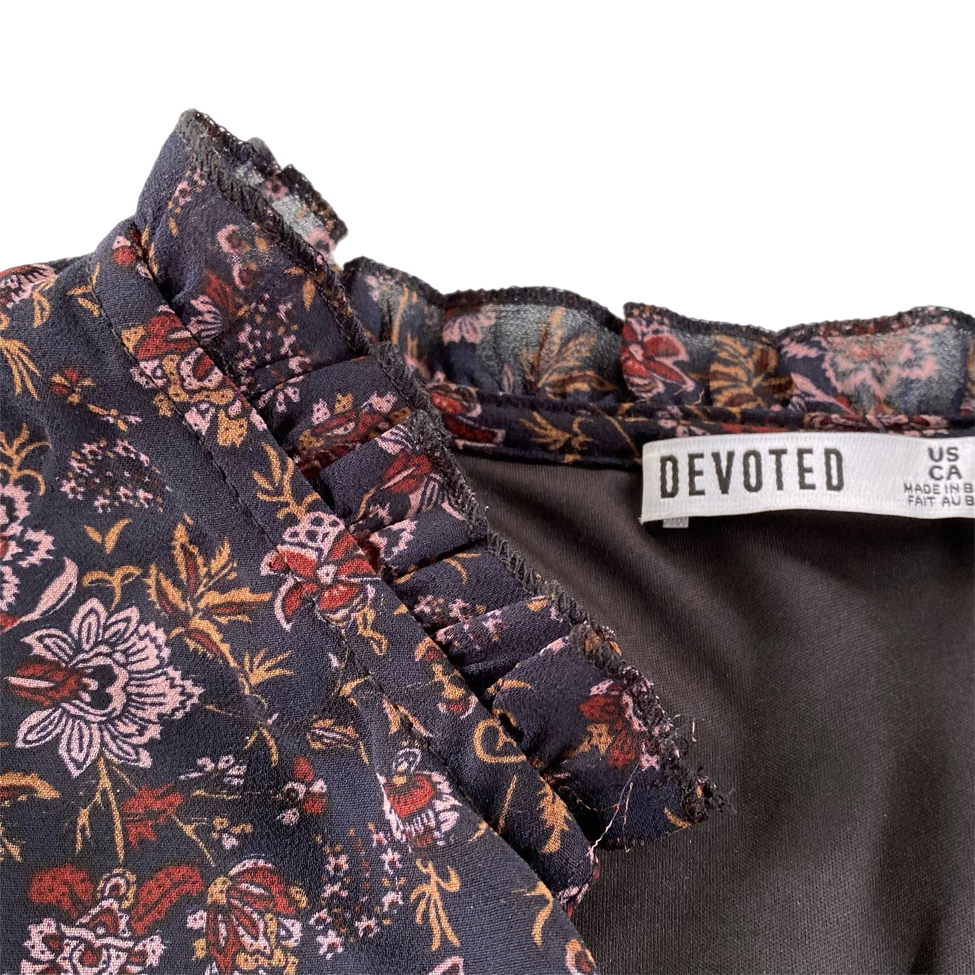 Women's Burgundy Floral Long Sleeve Dress with Ruffled Neckline & Decorative Shank Buttons, Size M [Devoted]close up view of neckline