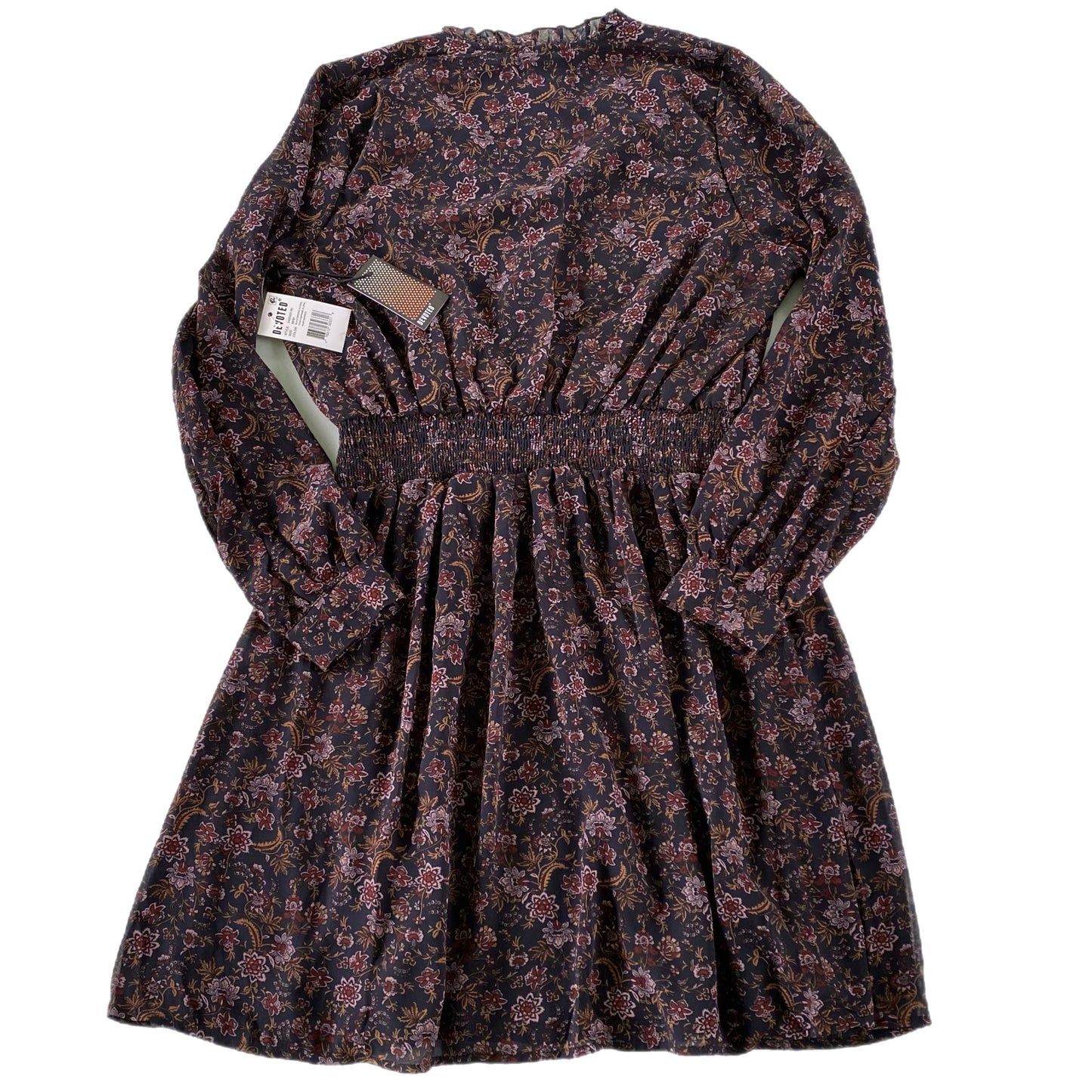 Women's Burgundy Floral Long Sleeve Dress with Ruffled Neckline & Decorative Shank Buttons, Size M [Devoted]back flat ay view