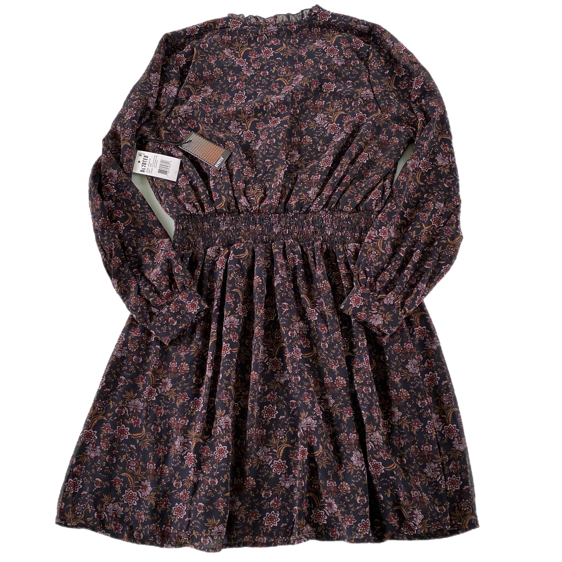 Women's Burgundy Floral Long Sleeve Dress with Ruffled Neckline & Decorative Shank Buttons, Size M [Devoted]back flat ay view