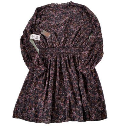 Women's Burgundy Floral Long Sleeve Dress with Ruffled Neckline & Decorative Shank Buttons, Size M [Devoted]back flat ay view