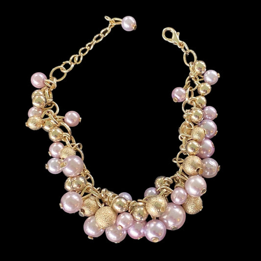 Gold & Pearl Charm Bracelet – Elegant Cluster Beaded Bracelet on black cloth
