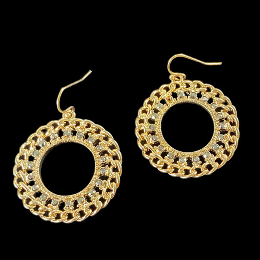 Gold-Tone Open Circle Dangle Fashion Earrings – Chain Link & Rhinestone Accents