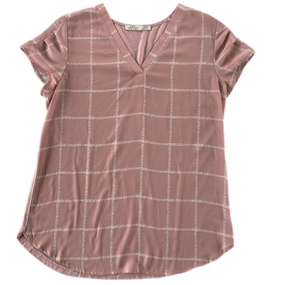 Women's Short Sleeve Windowpane Print Blouse – Lightweight & Stylish – Size Medium (Dex)front view