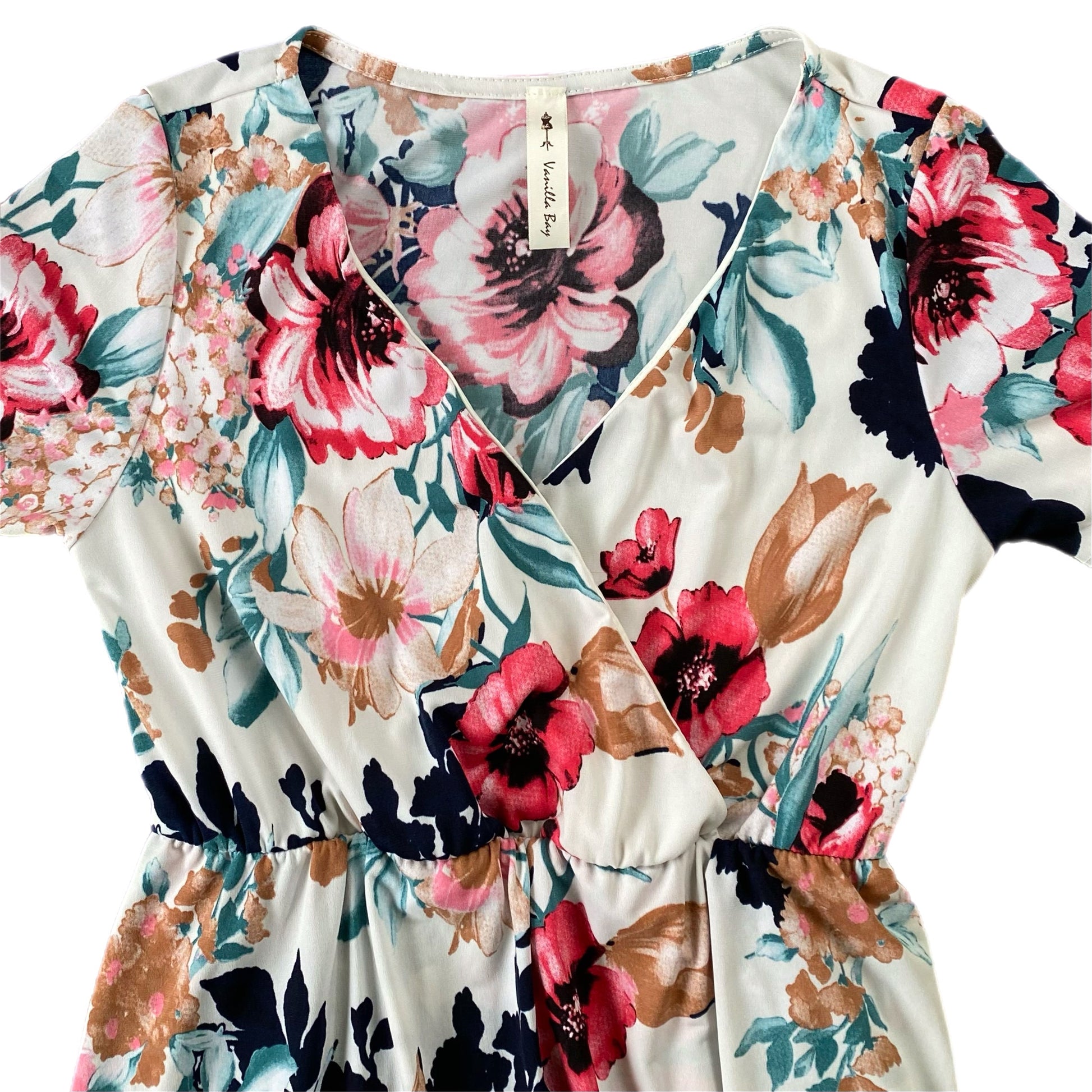 Women's Short Sleeve Floral Wrap Maxi Dress – Flowy & Elegant – Size Small (Vanilla Bay) showing details of neckline